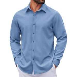 imageCOOFANDY Mens Casual Button Down Shirt Long Sleeve Untucked Shirt Wrinkle Free Denim Dress ShirtLight Blue