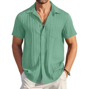 imageCOOFANDY Mens Casual Button Down Shirts Short Sleeve Textured Summer Beach Shirt with PocketGray Green
