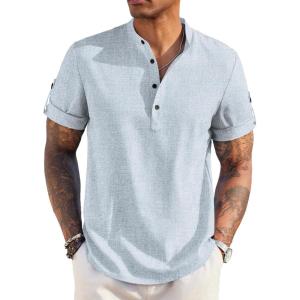 imageCOOFANDY Mens Casual Henley Shirt Short Sleeve Band Collar Linen Shirt Summer Beach Hippie TShirtsFlecking Light Blue