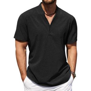 imageCOOFANDY Mens Casual Henley Shirt Short Sleeve Band Collar Shirt Summer Beach Hippie Vacation T Shirt with ButtonBlack