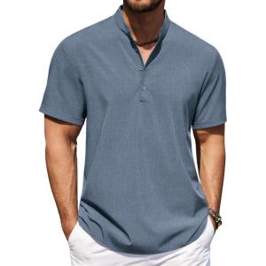 imageCOOFANDY Mens Casual Henley Shirt Short Sleeve Band Collar Shirt Summer Beach Hippie Vacation T Shirt with ButtonDeep Blue