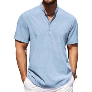 imageCOOFANDY Mens Casual Henley Shirt Short Sleeve Band Collar Shirt Summer Beach Hippie Vacation T Shirt with ButtonLight Blue