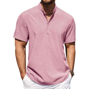 imageCOOFANDY Mens Casual Henley Shirt Short Sleeve Band Collar Shirt Summer Beach Hippie Vacation T Shirt with ButtonPink