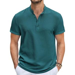 imageCOOFANDY Mens Casual Henley Tee Shirt Band Collar Short Sleeve Summer Beach Hippie T ShirtsBlue Green