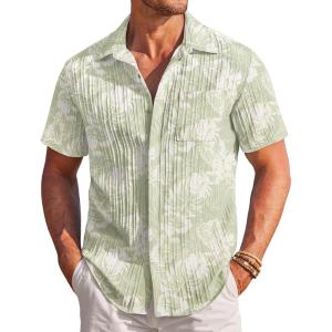 imageCOOFANDY Mens Casual Shirts Short Sleeve Button Down Shirts Fashion Textured Summer Beach ShirtLight Green White Leaf