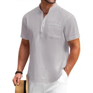 imageCOOFANDY Mens Cotton Linen Henley Shirt Short Sleeve Hippie Casual Beach TShirts with PocketGrey