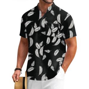imageCOOFANDY Mens Cotton Linen Henley Shirt Short Sleeve Hippie Casual Beach TShirts with PocketWhite Leaf