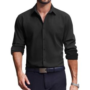imageCOOFANDY Mens Dress Shirts Long Sleeve Casual Button Down Shirt Solid Wrinkle Free Formal Business ShirtsBlack