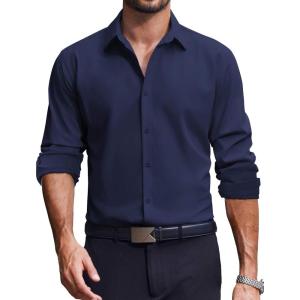 imageCOOFANDY Mens Dress Shirts Long Sleeve Casual Button Down Shirt Solid Wrinkle Free Formal Business ShirtsNavy Blue