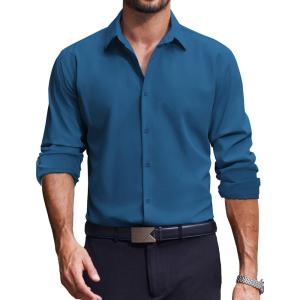 imageCOOFANDY Mens Dress Shirts Long Sleeve Casual Button Down Shirt Solid Wrinkle Free Formal Business ShirtsOcean Blue