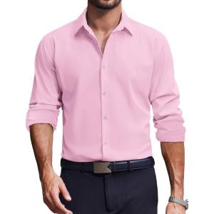 imageCOOFANDY Mens Dress Shirts Long Sleeve Casual Button Down Shirt Solid Wrinkle Free Formal Business ShirtsPink