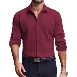 imageCOOFANDY Mens Dress Shirts Long Sleeve Casual Button Down Shirt Solid Wrinkle Free Formal Business ShirtsWine Red