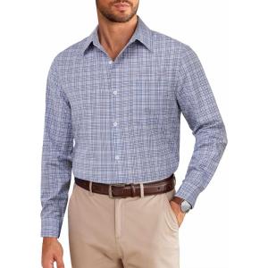imageCOOFANDY Mens Dress Shirts Long Sleeve Plaid Cotton Button Down Shirts Wrinkle Free Business Casual ShirtGrey White Plaid