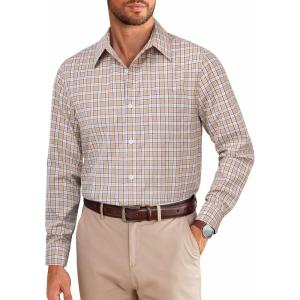 imageCOOFANDY Mens Dress Shirts Long Sleeve Plaid Cotton Button Down Shirts Wrinkle Free Business Casual ShirtKhaki Plaid