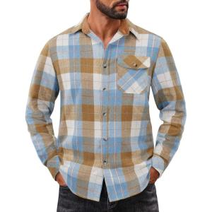 imageCOOFANDY Mens Flannel Shirts Long Sleeve Button Down Shirt Casual Plaid Shirts with PocketBlue Brown Plaid
