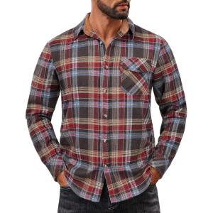 imageCOOFANDY Mens Flannel Shirts Long Sleeve Button Down Shirt Casual Plaid Shirts with PocketBlue Brown Red Plaid