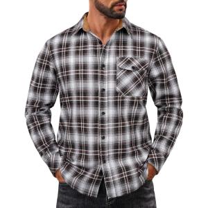 imageCOOFANDY Mens Flannel Shirts Long Sleeve Button Down Shirt Casual Plaid Shirts with PocketBrown Black White Plaid