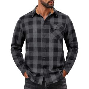 imageCOOFANDY Mens Flannel Shirts Long Sleeve Button Down Shirt Casual Plaid Shirts with PocketGrey Black Plaid