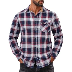 imageCOOFANDY Mens Flannel Shirts Long Sleeve Button Down Shirt Casual Plaid Shirts with PocketNavy Red White Plaid