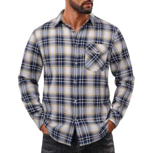 imageCOOFANDY Mens Flannel Shirts Long Sleeve Button Down Shirt Casual Plaid Shirts with PocketNavy White Beige Plaid