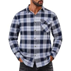 imageCOOFANDY Mens Flannel Shirts Long Sleeve Button Down Shirt Casual Plaid Shirts with PocketNavy White Plaid