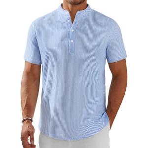imageCOOFANDY Mens Henley Shirt Short Sleeve Stand Collar Summer Casual Beach Hippie TShirtsStriped Blue  White
