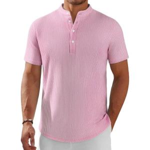 imageCOOFANDY Mens Henley Shirt Short Sleeve Stand Collar Summer Casual Beach Hippie TShirtsStriped Pink  White