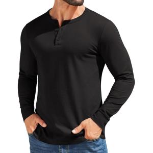 imageCOOFANDY Mens Henley Shirts Cotton Long Sleeve V Neck Button Basic Tees Plain Casual PulloverA Black