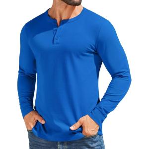 imageCOOFANDY Mens Henley Shirts Cotton Long Sleeve V Neck Button Basic Tees Plain Casual PulloverBlue