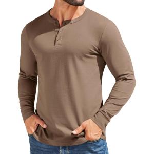 imageCOOFANDY Mens Henley Shirts Cotton Long Sleeve V Neck Button Basic Tees Plain Casual PulloverKhaki