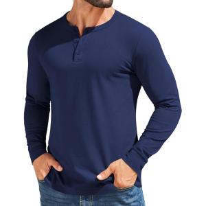 imageCOOFANDY Mens Henley Shirts Cotton Long Sleeve V Neck Button Basic Tees Plain Casual PulloverNavy Blue