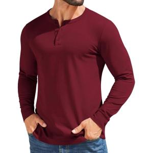 imageCOOFANDY Mens Henley Shirts Cotton Long Sleeve V Neck Button Basic Tees Plain Casual PulloverWine Red