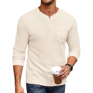 imageCOOFANDY Mens Henley Shirts Long Sleeve Basic Waffle Pique Pullover TShirt with PocketBeige