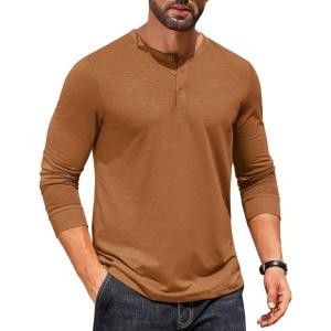 imageCOOFANDY Mens Henley Shirts Long Sleeve Button TShirtLight Brown