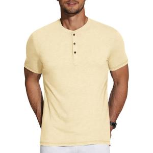 imageCOOFANDY Mens Henley Shirts Short Sleeve Casual Basic Tee Summer Button Henley Soild T ShirtsCream