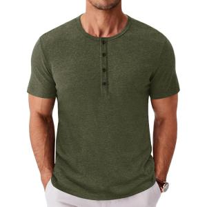 imageCOOFANDY Mens Henley Shirts Short Sleeve Fashion Casual TShirts Summer Button Basic TeeArmy Green