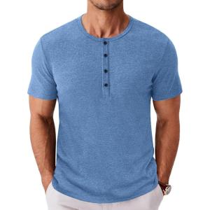 imageCOOFANDY Mens Henley Shirts Short Sleeve Fashion Casual TShirts Summer Button Basic TeeBlue