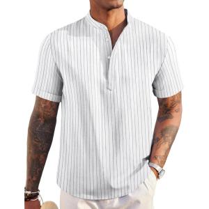 imageCOOFANDY Mens Linen Henley Shirt Short Sleeve Casual Summer Beach Hippie T ShirtsStriped White