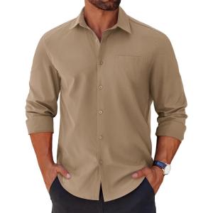 imageCOOFANDY Mens Long Sleeve Button Down Shirts Casual Untucked Shirts for Men Dress Shirts Wedding ShirtsKhaki