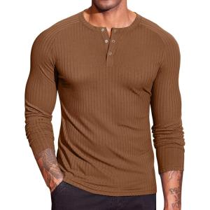 imageCOOFANDY Mens Muscle TShirt Slim Fit Long Sleeve Henley Shirts Casual Gym Workout Athletic Tee ShirtsBrown