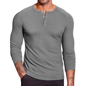 imageCOOFANDY Mens Muscle TShirt Slim Fit Long Sleeve Henley Shirts Casual Gym Workout Athletic Tee ShirtsGrey