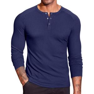 imageCOOFANDY Mens Muscle TShirt Slim Fit Long Sleeve Henley Shirts Casual Gym Workout Athletic Tee ShirtsNavy Blue