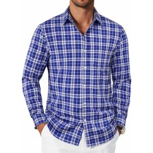 imageCOOFANDY Mens Plaid Button Down Shirt Cotton Long Sleeves Shirt Casual Dress ShirtBlue White Plaid