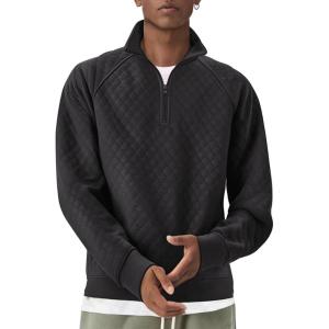 imageCOOFANDY Mens Quarter Zip Pullover Quilted Sweatshirt Knit Long Sleeve Sweater Half Zip Polo Sweatshirts with PocketAll Black