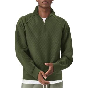 imageCOOFANDY Mens Quarter Zip Pullover Quilted Sweatshirt Knit Long Sleeve Sweater Half Zip Polo Sweatshirts with PocketArmy Green
