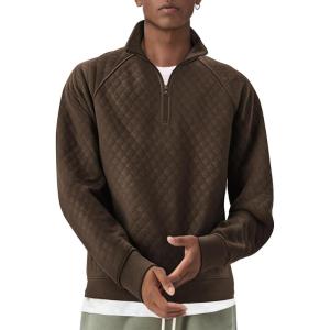 imageCOOFANDY Mens Quarter Zip Pullover Quilted Sweatshirt Knit Long Sleeve Sweater Half Zip Polo Sweatshirts with PocketBrown