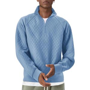 imageCOOFANDY Mens Quarter Zip Pullover Quilted Sweatshirt Knit Long Sleeve Sweater Half Zip Polo Sweatshirts with PocketLight Blue