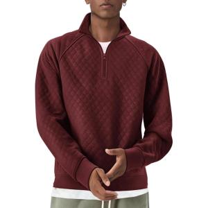imageCOOFANDY Mens Quarter Zip Pullover Quilted Sweatshirt Knit Long Sleeve Sweater Half Zip Polo Sweatshirts with PocketRed