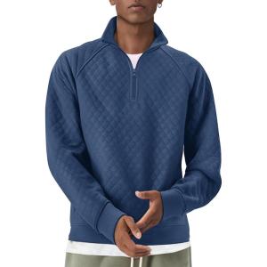 imageCOOFANDY Mens Quarter Zip Pullover Quilted Sweatshirt Knit Long Sleeve Sweater Half Zip Polo Sweatshirts with PocketSlate Blue