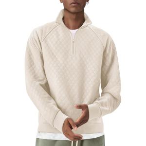 imageCOOFANDY Mens Quarter Zip Pullover Quilted Sweatshirt Knit Long Sleeve Sweater Half Zip Polo Sweatshirts with PocketWhite